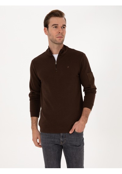 Koyu Kahverengi Regular Fit Yarım Fermuarlı Sweatshirt