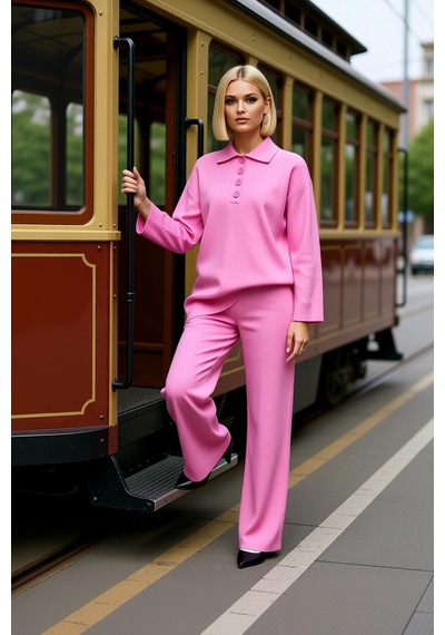 Benerly Kadın Alt Üst Polo Yaka Fitilli Triko Kazak Geniş Paça Pantolon T Pembe