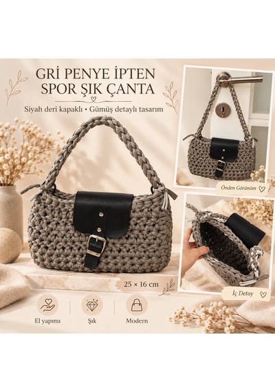 Gri Penye İp El Örgüsü Çanta