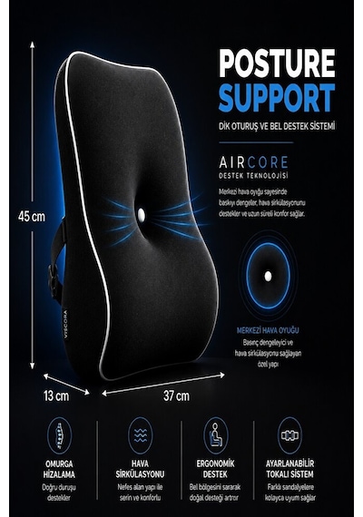 Posture Support Aircore Ergonomik Lomber Bel Destek Minderi Siyah