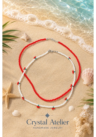 Crystal Atelier 2'li Kiraz Boncuk Kolye Seti El Yapımı Kum Boncuk Beyaz Kırmızı İkili Choker Kombini Meyve Temalı Kadın Hediyelik Kolye