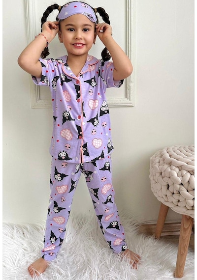 Kız Çocuk Kedi Desenli Pamuklu Düğmeli Pijama Takımı Göz Bantlı Lila