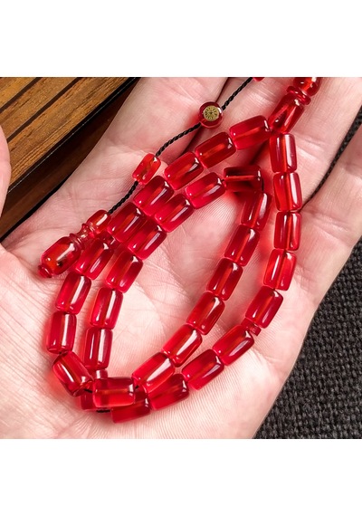 İmzalı 7X11 mm Kırmızı Ateşi Kehribar Tesbih Usta İşçilikli