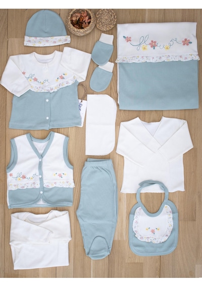 Sitilin Kız Bebek Natural Yeşil İşlemeli süslü Lüks 10 Lu Hastane Çıkışı Set STL6064 Çok Renkli