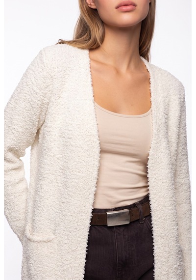 Mixray 7069 Kadın Buklet Dokulu Cepli Oversize Triko Hırka Krem