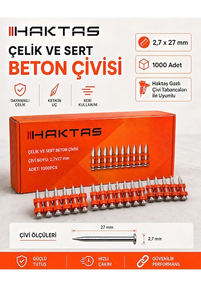 Haktaş Hkt036 1000 Adet 2,7x27 Mm Çelik Ve Sert Beton Çivisi Gazlı Çivi Tabancası Uyumlu