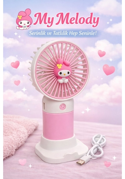 Jasper Pembe-beyaz Mymelodi Figürlü Taşınabilir Standlı Serinletici Fan 3 Hız Ayarlı , Typ-c Şarjlı Fan Masaüstü Fan Va