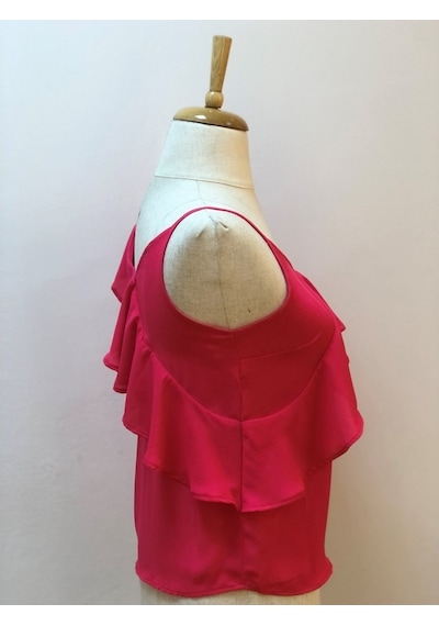 Neon Pembe Bluz Omuz Ve Fırfır Detaylı Tek Kol