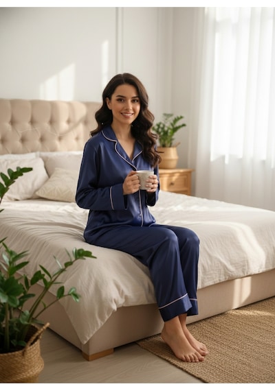 Premium Saten Pijama Takımı Lacivert, Uzun Kollu Ve Biye Detaylı