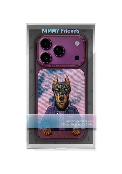Magsafe İphone 18 Pro Uyumlu Kılıf Gerçek Nakış İşlemeli Doberman Desenli - Vişne