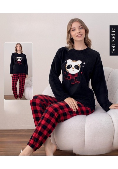 Boyraz Kadın Kışlık Bisiklet Yaka Soft Kadife Pijama Takımı 07016 - 1 Adet Siyah