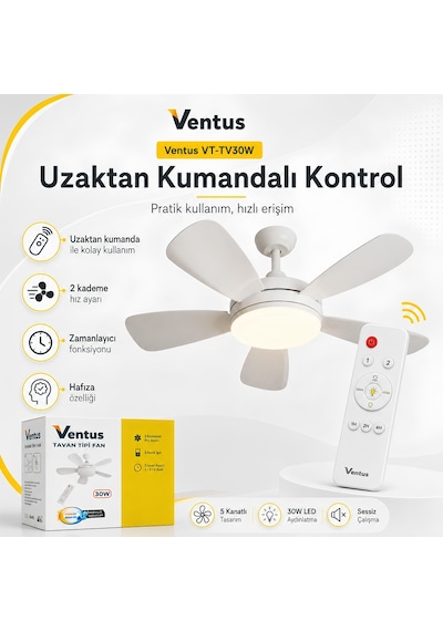 Ventus Vt-tv30w Sessiz Çalışma 5 Kanatlı Işıklı Uzaktan Kumandalı Tavan Tipi Vantilatör