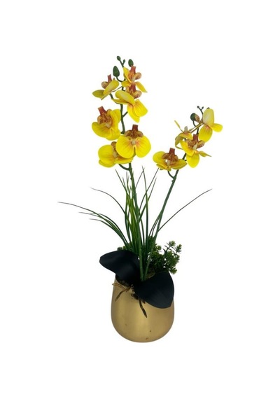 Yapay Çiçek Sarı Islak Orkide Gold Metal Saksıda Saksıda Orkide 50cm