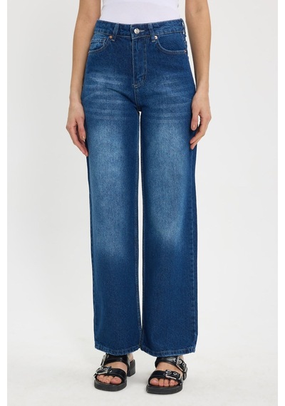 Tudors Kadın Relax Fit Rahat Kesim %100 Pamuk Cepli Geniş Paça Lacivert Jean Kot Pantolon-50734