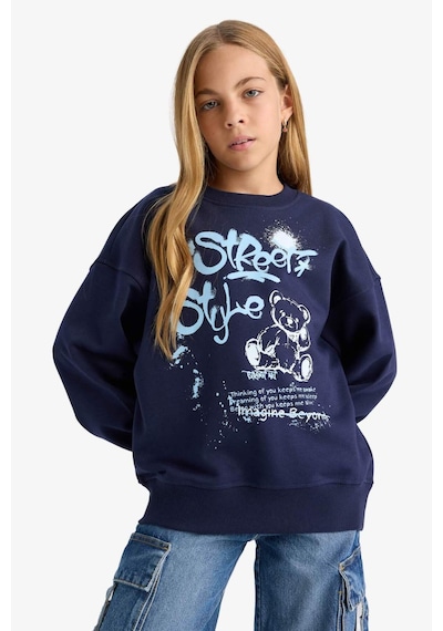 Defacto Kız Çocuk Oversize Geniş Kalıp Bisiklet Yaka Baskılı Sweatshirt E6755a825aunv241 Lacivert