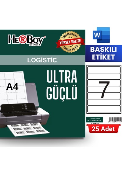 Herboy Hb-1107 192,5 X 39 Mm A4 Baskılı Laser Etiket 25 Adet