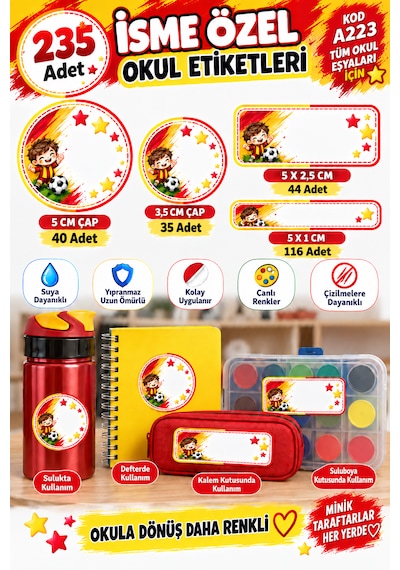 Okul Etiketi Kalem Defter 235 Adet Kişiye Özel İsim Yazılabilen Sticker Sarı Kırmızı Sarı - Kırmızı