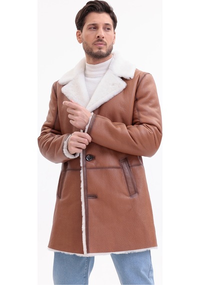 M M Marki Marki Erkek Hakiki Deri Kaban, İçi Kürklü, 90 Cm, Viski Rengi, Kışlık, Premium, İçi Kürklü Kaban - 500022