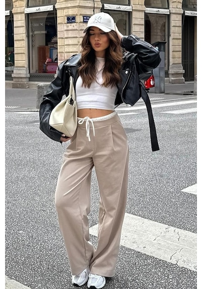 Madmext Bej Çift Bel Bantlı Wide Leg Kadın Pantolon Mg2551 Bej