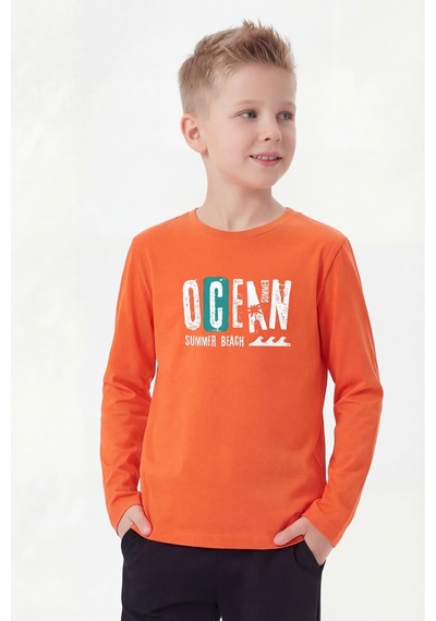 Panios Kids Yuvarlak Yaka Uzun Kollu Baskı Detaylı Erkek Çocuk Sweatshirt Turuncu
