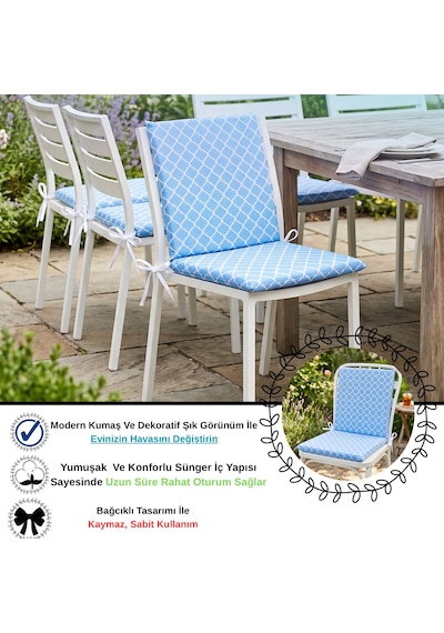 40x40 Cm Mavi Arkalıklı Sandalye Minderi Pamuk Polyester Kumaş İpli Sırtlı Mutfak Ve Bahçe Minderi