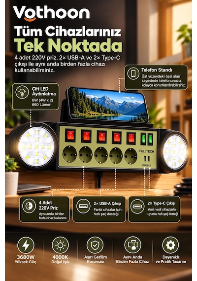 Akıllı Masaüstü Duvar Tipi Akım Korumalı 5 Li Priz 3680w Led Işıklı Usb-a Type-c Telefon Standlı