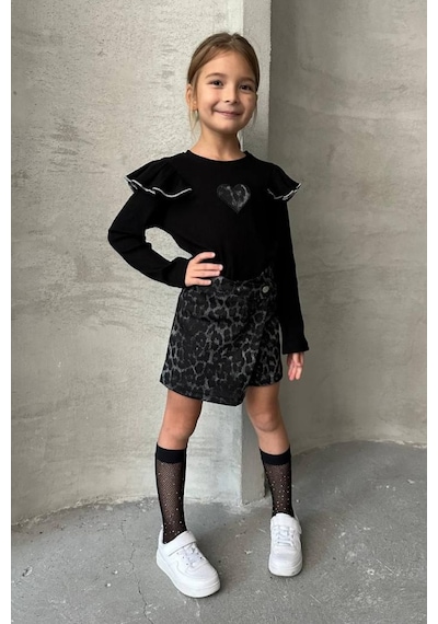 Boyboy Kidswear Kız Çocuk Kalp Detaylı Sweatshirt Ve Leopar Desenli Şort Etek Takım Siyah