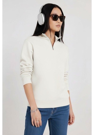 Afri Kadın 3 İplik Şardonlu Yarım Fermuarlı Krem Sweatshirt İçi Pamuklu Kalın Kumaş, Tam Kalıp Rahat Model Krem