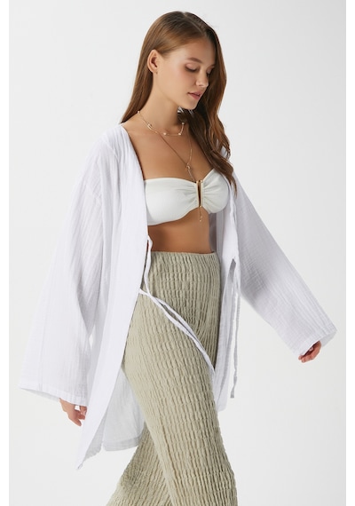 Ritnice Kadın Sandra %100 Pamuk Müslin Bağcıklı Beyaz Kimono Beyaz