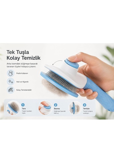 Otomatik Temizlenen Tüy Toplama Tarağı Basmalı Mekanizmalı Kedi Köpek Tarağı Çelik İğneli Cilt Dostu Ergonomik Saplı Uzun Ve Kısa Tüyler İçin Mavi