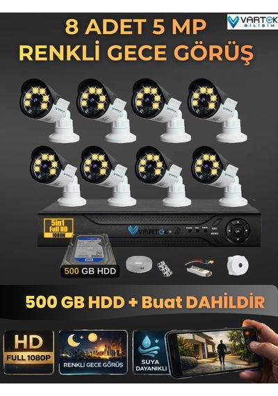 8 Kameralı Set 500 Gb Hdd Full Hd Gece Görüşlü Güvenlik Kamerası Sistemi-sabit İp Gerektirmez-