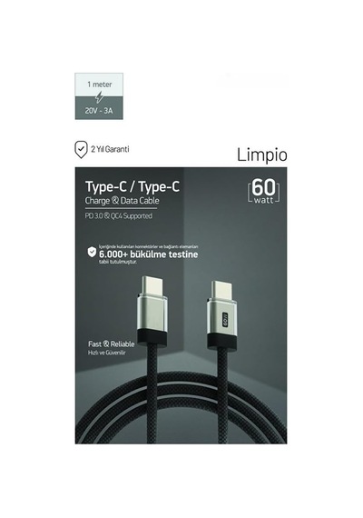 60w Pd 3.0 Limpio Type-c To Type-c Hızlı Şarj Ve Data Kablosu 1m Siyah