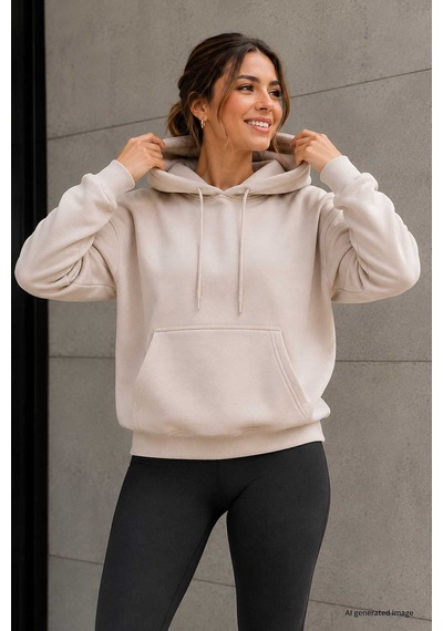 TOMMYLIFE Bej Standart Kapüşonlu Kanguru Cepli Basic Kadın Sweatshirt - 97321