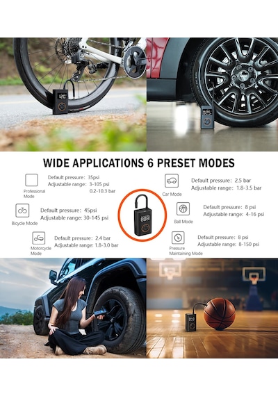Qicycle N3 Taşınabilir Elektrikli Hava Kompresörü Lastik Şişirme Pompası 150psı Araç, Bisiklet, Scooter, Top, Balon