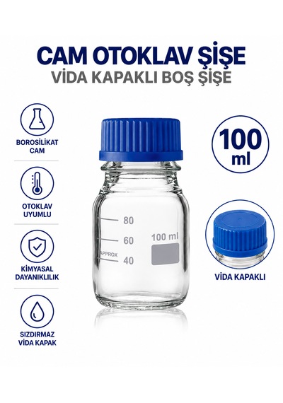 Cam Otoklav Şişe 100 Ml - Vida Kapaklı Boş Şişe