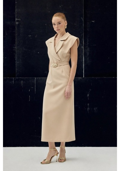 Sateen Aksesuar Detaylı Maxi Elbise - Bej-137076 Bej
