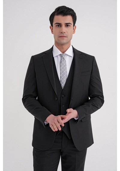 Efor Slim Fit Çift Yırtmaç Dokulu %97 Yün Esnek Siyah Yelekli Klasik Takım Elbise Tk 936 Siyah Efor Slim Fit Çift Yırtmaç Dokulu %97 Yün Esnek Siyah Yelekli Klasik Takım Elbise Tk 936 Siyah