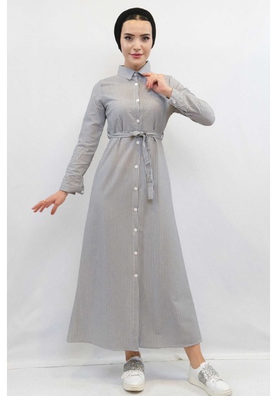 İbrahim Burak Etiler Collectıon Moda Çizgi Gofre Elbise Gri