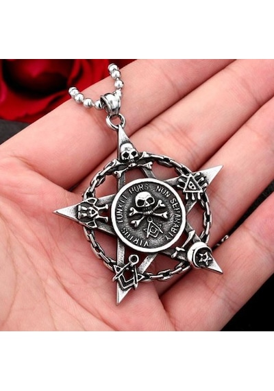 Paslanmaz Çelik Okült Sembollü Erkek Gotik Kurukafa Pentagram Kolye Çelik