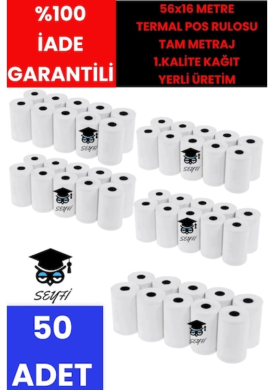 50 Adet 56x16 Metre Termal Pos Rulosu Tam Metraj 1.kalite Kağıt Yerli Üretim