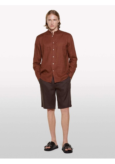 %100 Keten Slim Fit Bermuda Şort Erkek Kahverengi Şort - 325p4aghs9010