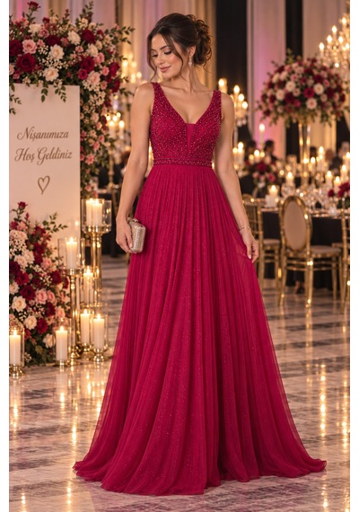 Gül&can Butik Kırmızı Taş İşlemeli Abiye Elbise Kırmızı