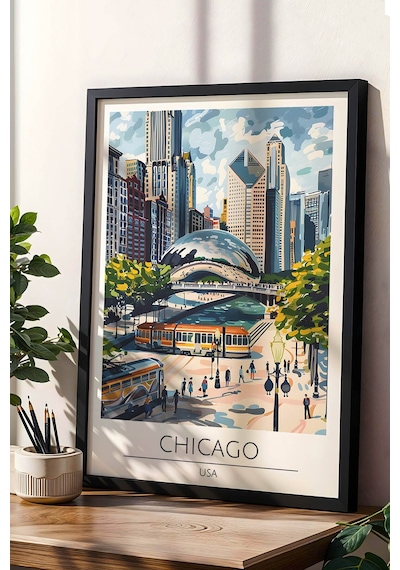 Abd Chicago Temalı Çerçeveli Tablo Travel Serisi Modern İllüstrasyon Şehir Duvar Dekoru Siyah