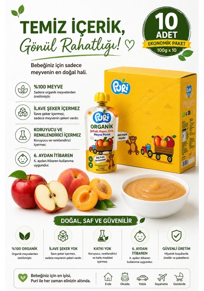 Organic Şeftalili Kayısılı Püresi 100g  x 10 %100 Organik İlave Şekersiz 10'lu Paket