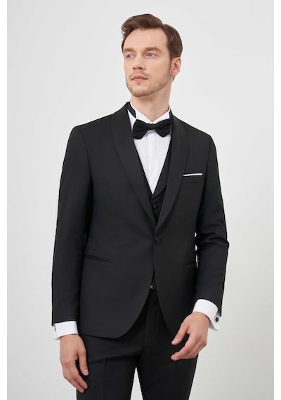 Morven Erkek Siyah Poliviskon Ceromonia Santorini Slim Fit Şal Yaka Damatlık Siyah