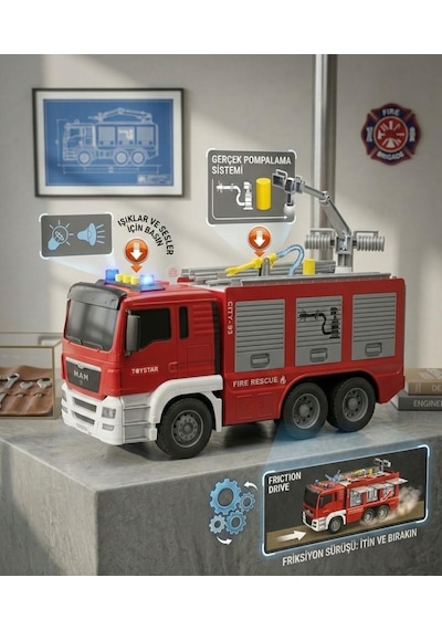 30cm Sürtmeli Işıklı Sesli 3 Buton Fonksiyonlu Gerçek Su Fışkırtabilen Merdivenli Oyuncak İtfaiye Arabası Çok Renkli