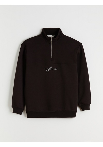 Lcw Vision Kahverengi Dik Yaka Baskılı Erkek Kalın Sweatshirt