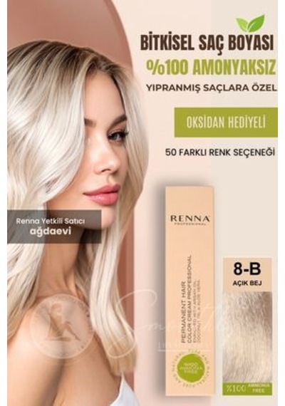 Renna Amonyaksız Bitkisel Yıpranmış Saçlar İçin Saç Boyası 8-b Açık Bej 60ml