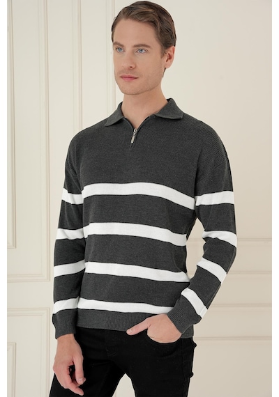 Efor Slim Fit Çizgili Fermuarlı Polo Yaka Antrasit Triko Kazak Tr 877 Antrasit