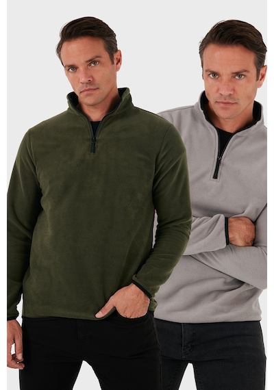 Buratti Slim Fit Yarım Fermuarlı Dik Yaka 2'Li Paket Erkek Polar 5906003S2 Haki-Gri